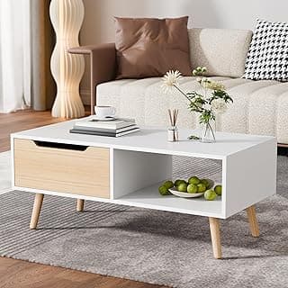 Cozy Castle Modern Coffee Table, Wooden Cocktail Table with Storage, White