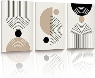 HesenDot Abstract Geometric Wall Art Set of 3, 30x40CM Minimalist Line Framed Canvas Prints, Boho Modern Neutral Beige Black Shapes Wall Decor for Living Room Bedroom Bathroom Office Home