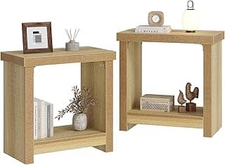 End Tables Set of 2 for Living Room, Narrow Side Tables with Storage Shelves, Natural Wood